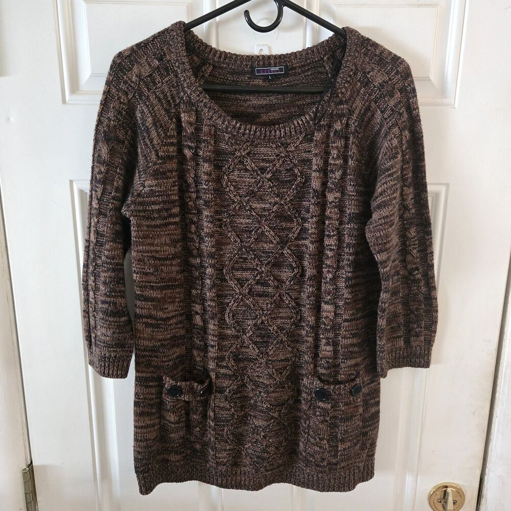 Effeci Large Brown Marled Cable Knit Tunic Sweater Cozy Cottagecore 3/4 Sleeve
